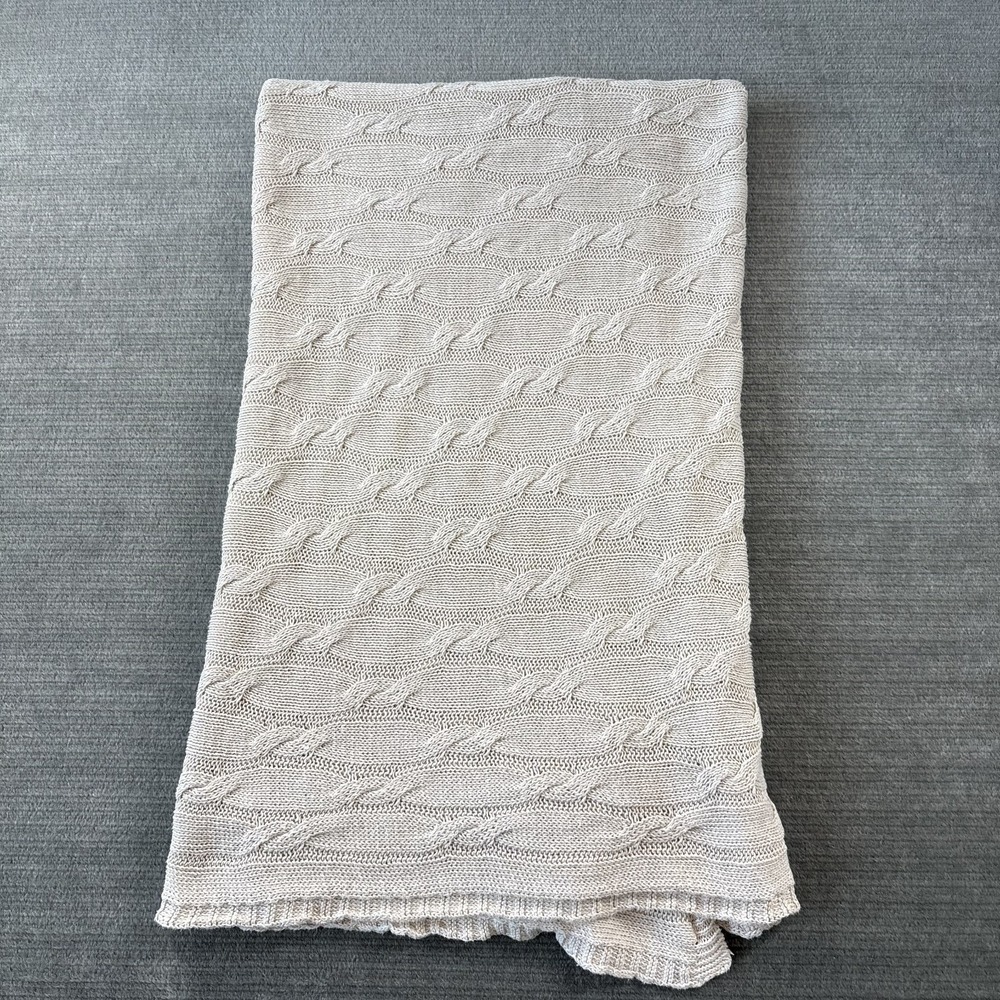 Restoration Hardware Cable Knit Throw Blanket 100% Linen Cream Coastal 64x58